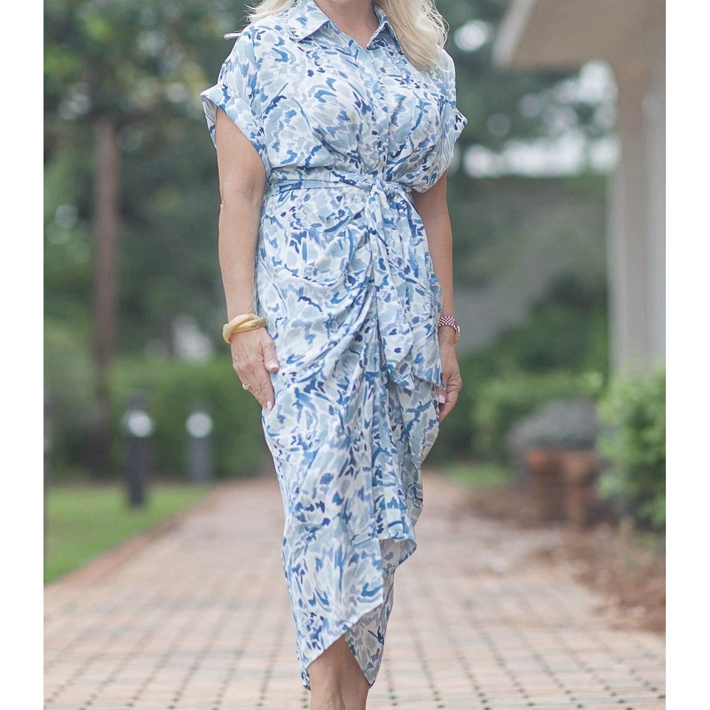 Steve Madden NWT Tori Dress Size 12 Navy Speckle Blue Tie Waist Midi Shirt Dress